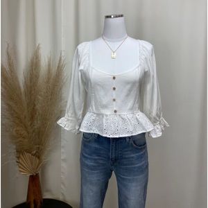 Square Neck Peplum Top with Eyelet Detail